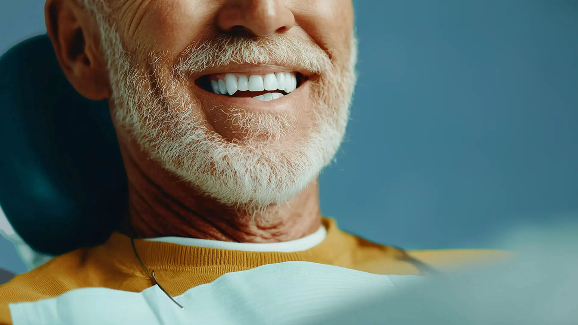 Nahaufnahme eines Patienten mit gesundem Lächeln nach oralchirurgischer Behandlung in der Zahnwelt Blankenfelde-Mahlow.